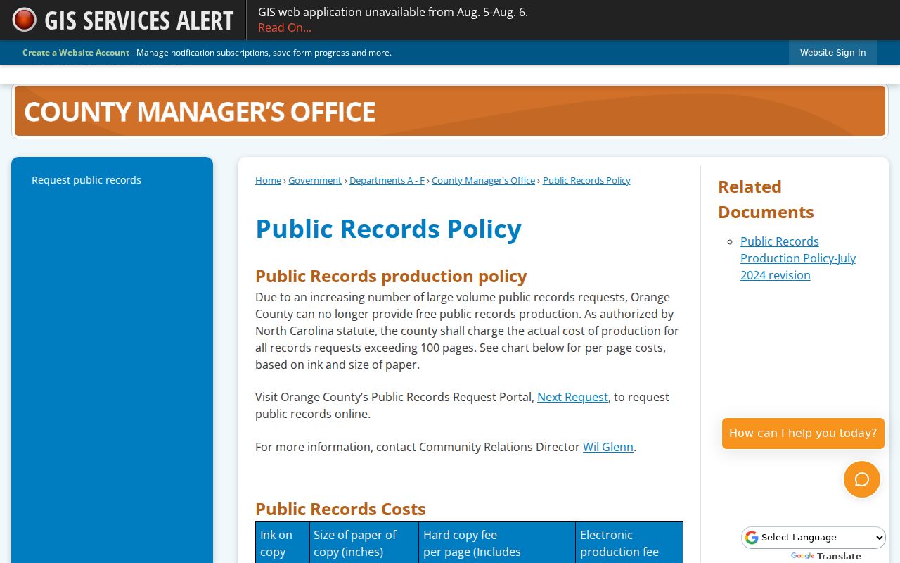 Orange County criminal record public request fee policy